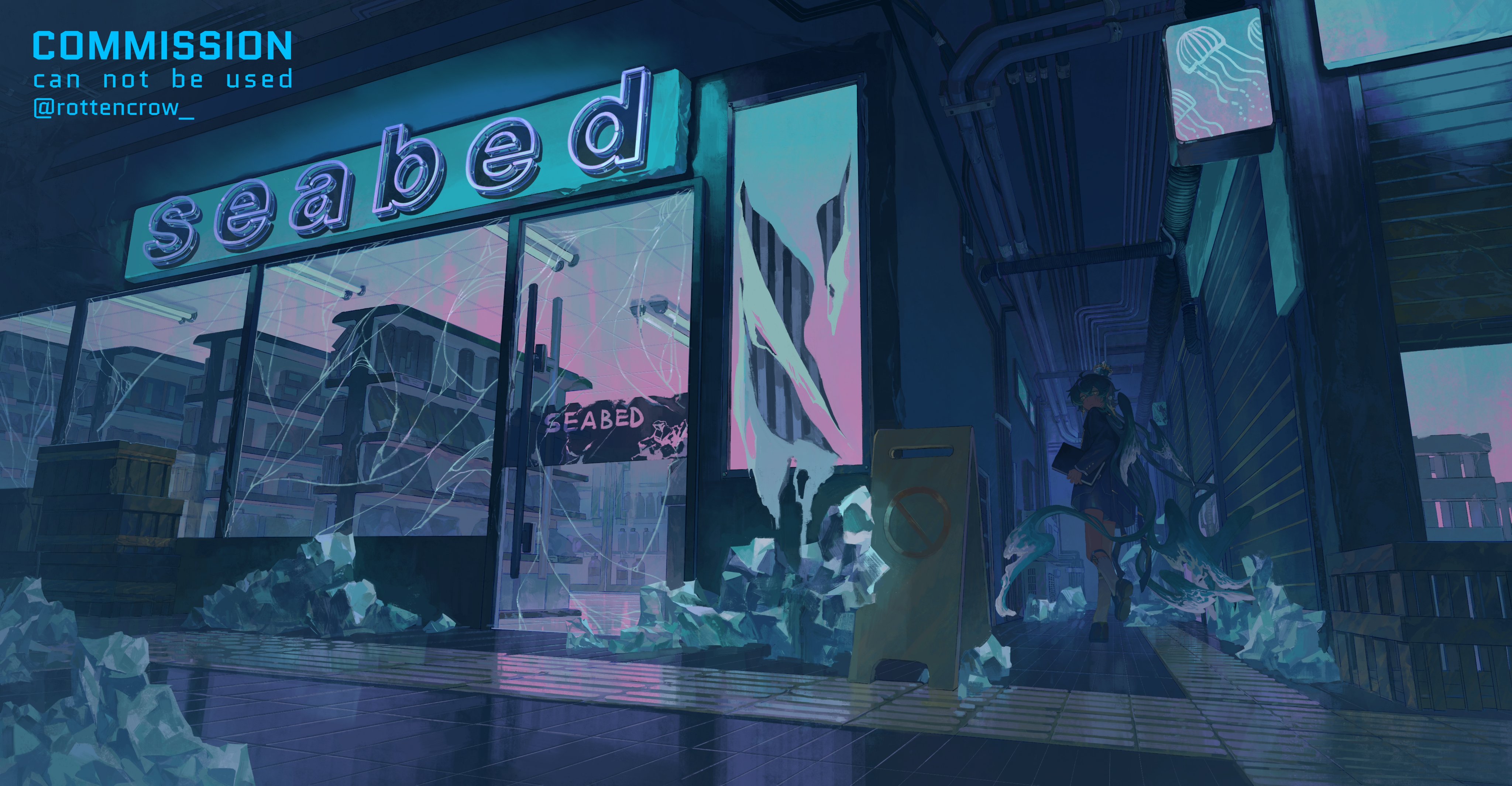 the image is set in a futuristic cyberpunk city at night. there is a girl with flowing green hair walking down an alley, past a store with a broken window. the storefront has a neon sign that says "seabed." the alley is wet and grungy. the image is very colorful and atmospheric.