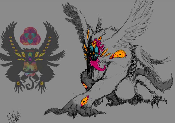 the image shows two monster designs, each featuring multiple eyes. the creature on the right is gray and furry, with wings and a prominent tongue. the creature on the left is darker, with a tail and a circular arrangement of shapes above it. both figures have a surreal, demonic quality.