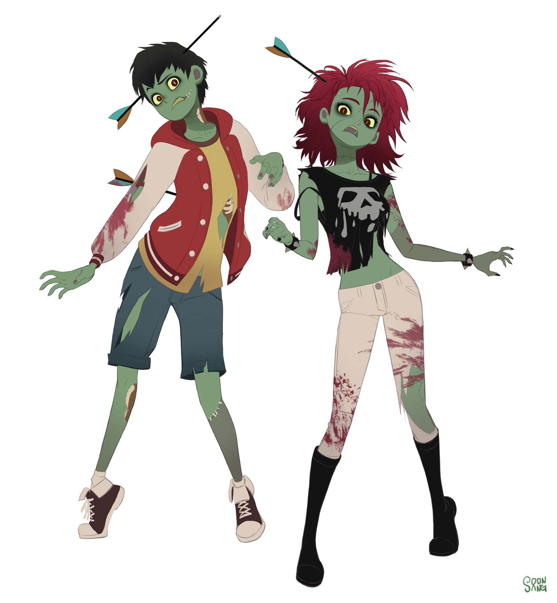 two stylized cartoon zombies, a male and a female, stand against a white background. the male zombie wears a red and white letterman jacket, a yellow shirt, blue shorts, and red and white sneakers.  he has short black hair and three arrows sticking out of him.  the female zombie has vibrant red hair and wears a black shirt with a white skull design, white pants, and black boots. she has one arrow sticking out of her head.  both zombies have green skin, exposed flesh, and bloodstains on their clothing.  they are both posed with their arms outstretched, as if ready to grab someone.