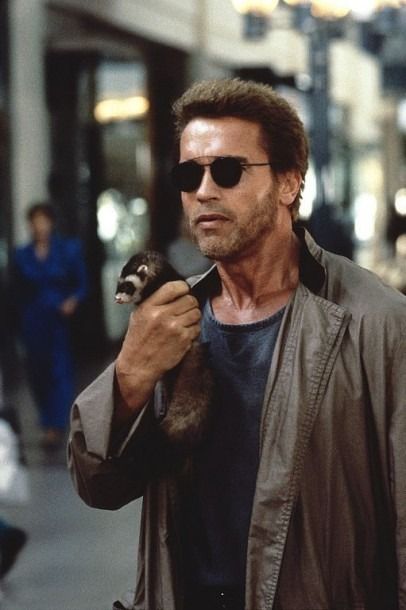 a closeup portrait of arnold schwarzenegger holding a ferret in his hands. he is wearing brown sunglasses and a brown jacket. he is standing in a city setting and looking at the camera.