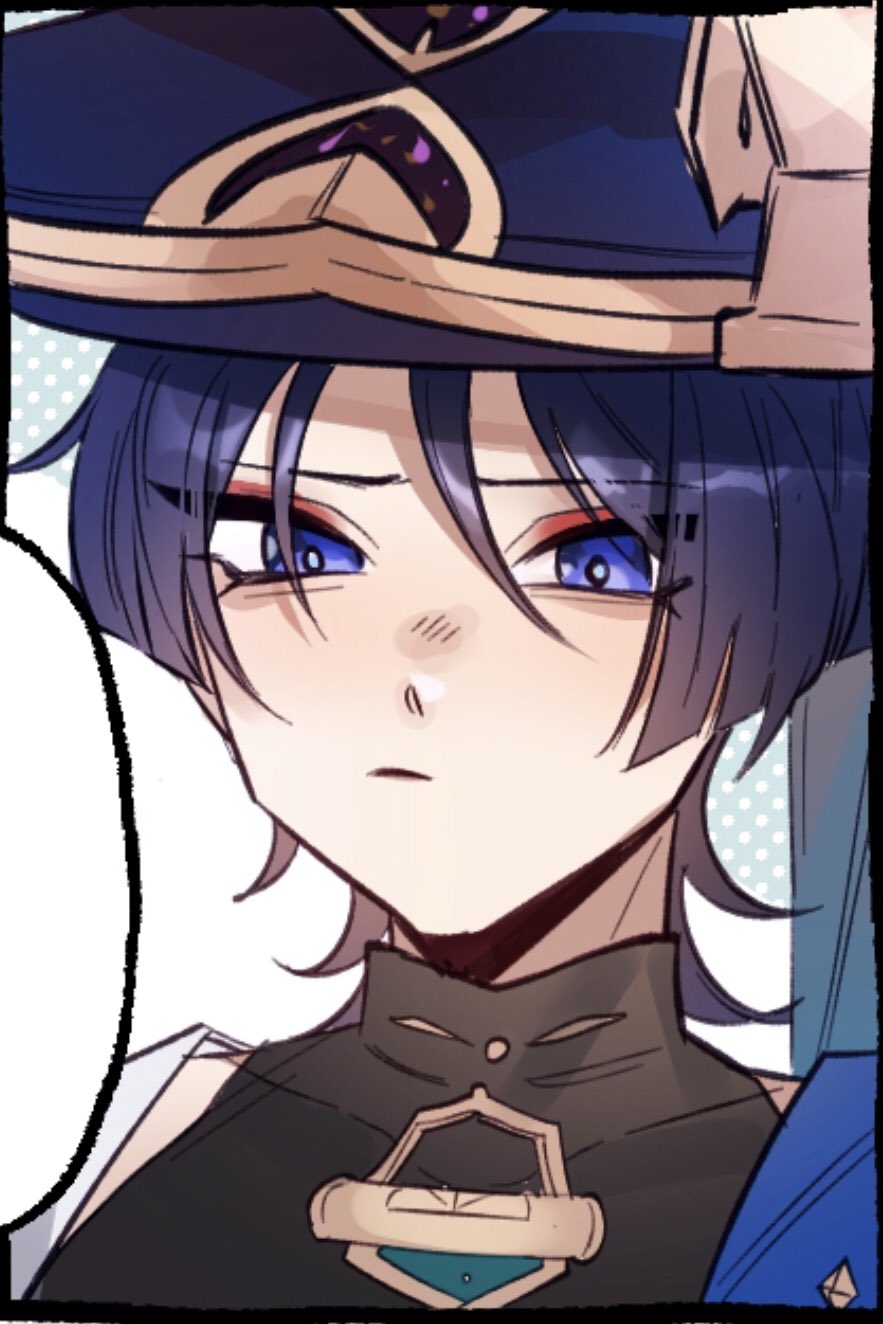 a close up anime drawing of a female character with blue eyes, wearing a black and blue outfit with a gold necklace and a hat. she is looking forward with a serious expression.
