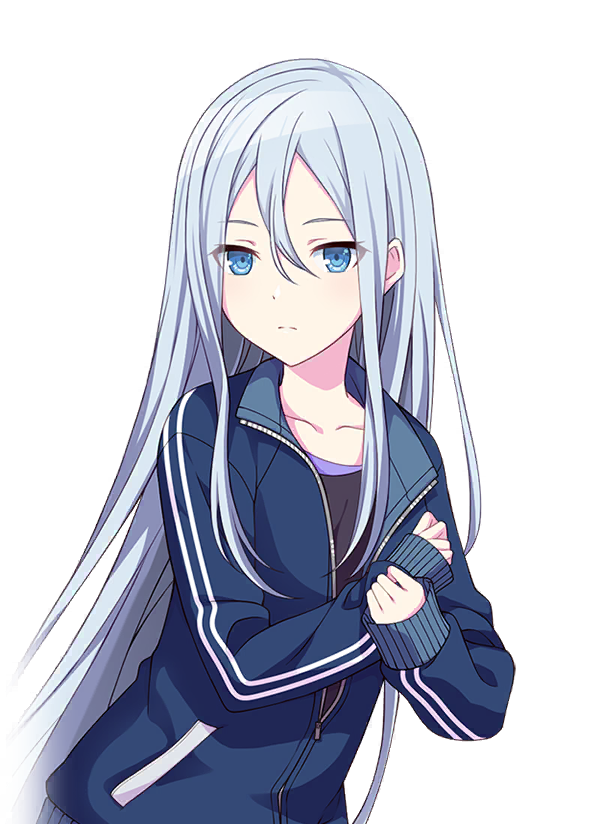 anime girl with long white hair and blue eyes wearing a dark blue tracksuit jacket. she has her arms crossed and appears to be cold. the background is black.