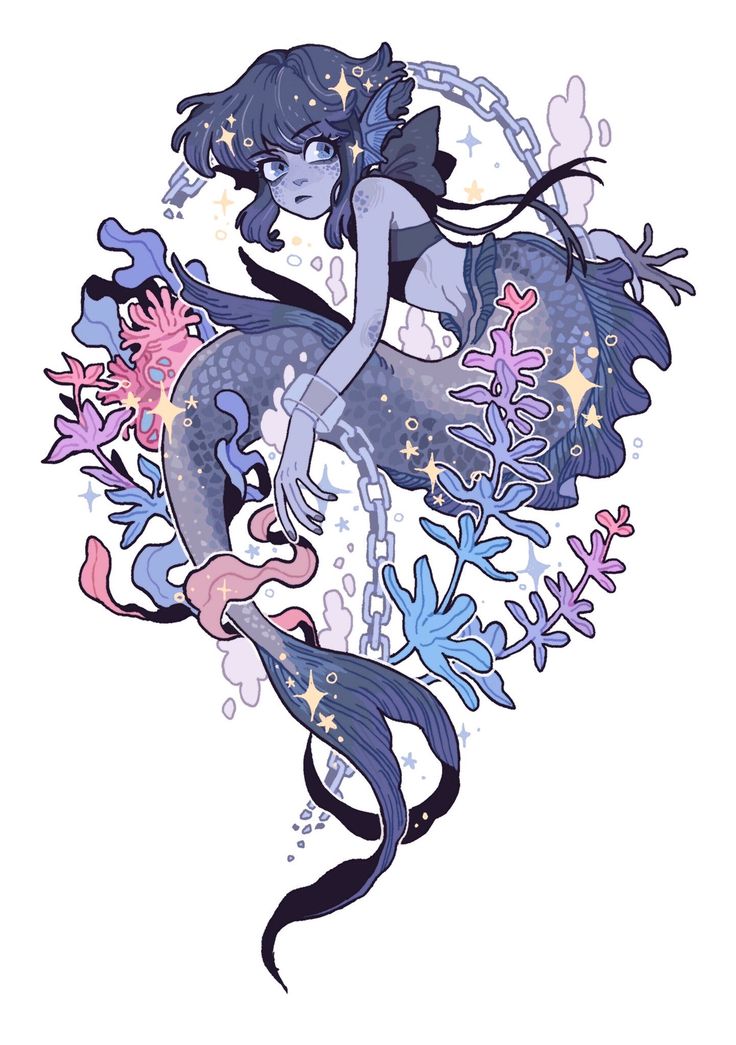 this image depicts a mermaid with long blue hair and a purple tail. she is chained to a rock and looks sad. she is surrounded by colorful plants and sparkles. the image is drawn in a whimsical style and has a magical feel.