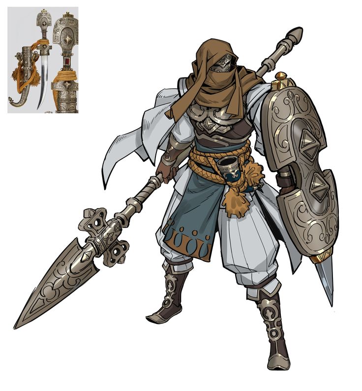detailed digital painting of a fantasy warrior character. the warrior is depicted from the knees up, wearing elaborate armor and clothing reminiscent of middle eastern or arabian styles. they are holding a long, ornate spear and a decorated shield.  the color palette is muted, with browns, golds, and offwhites dominating. a closeup inset shows a detailed rendering of what seems to be a pair of daggers or ceremonial knives. the style suggests concept art for a video game or other fantasy project.