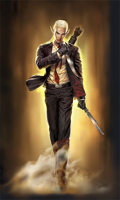a digital painting depicts an elf wearing a black suit, a white buttondown shirt, and a red tie. he has pointed ears and fair hair. he is also wearing black gloves and holding a sword in his gloved hand. behind him is a quiver with a bow in it. he is walking through a smoky or foggy area.