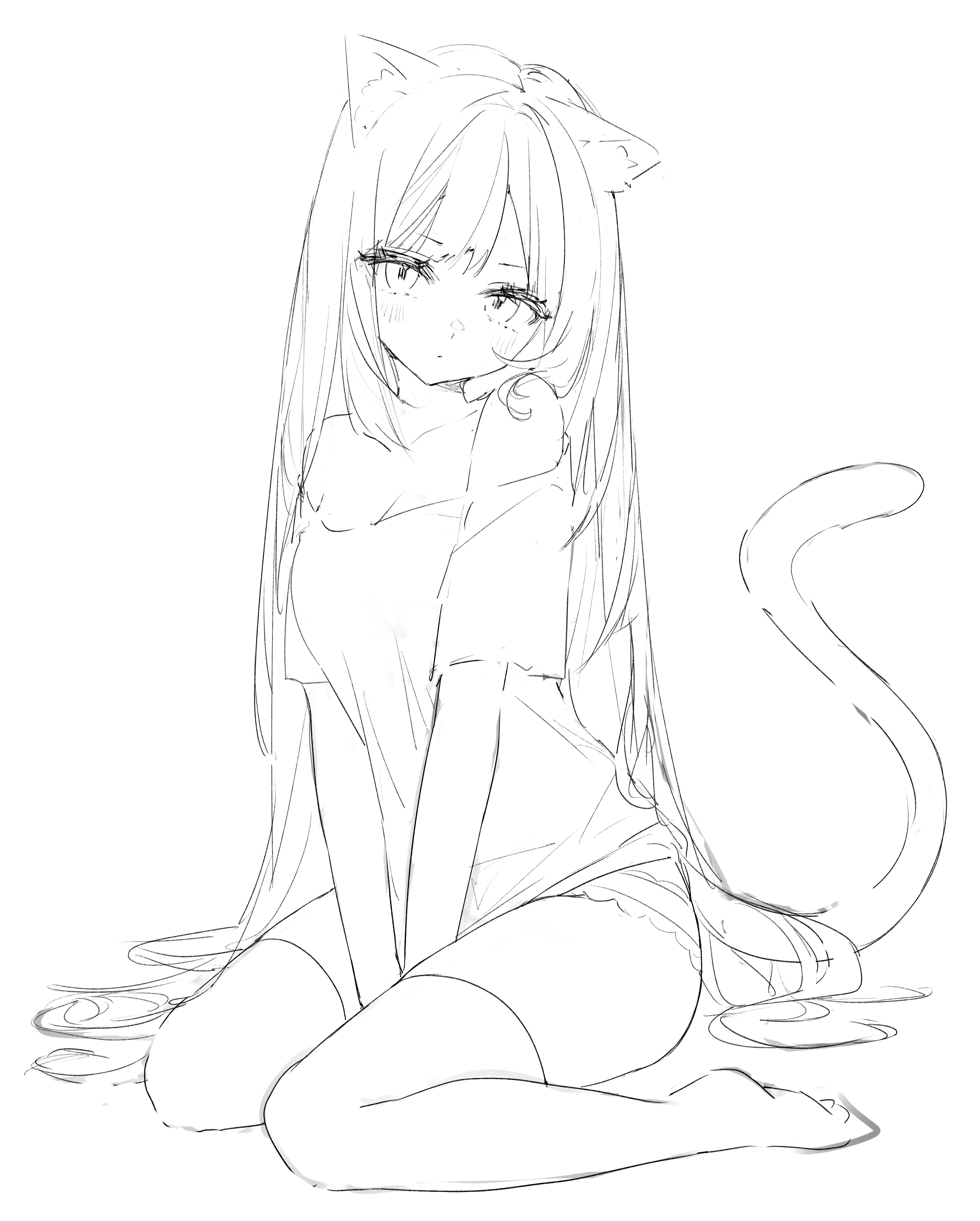 the image is a black and white sketch of an animestyle girl. she has long hair, cat ears, and a cat tail. she's sitting with her knees bent, wearing an oversized shirt and what appears to be thighhigh stockings. the style is loose and suggestive, typical of many anime and manga illustrations. the lines are light and somewhat messy, giving it a quick sketch feel. the overall mood is somewhat suggestive but also cute.