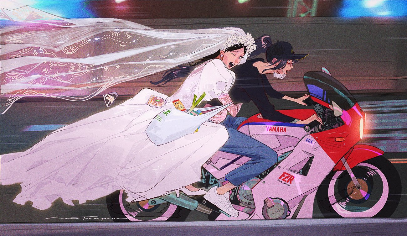 this illustration depicts two anime women, one in a white wedding dress, riding a motorcycle at high speed. the bride's veil billows behind her, and her hair is flowing in the wind. the motorcycle is moving so quickly that it is blurred. the scene is full of motion and energy, giving the impression that they are on a wild ride. the art style is inspired by japanese manga and anime, with vibrant colors and dynamic lines. the illustration is full of action and energy, and it evokes a sense of adventure and excitement.
