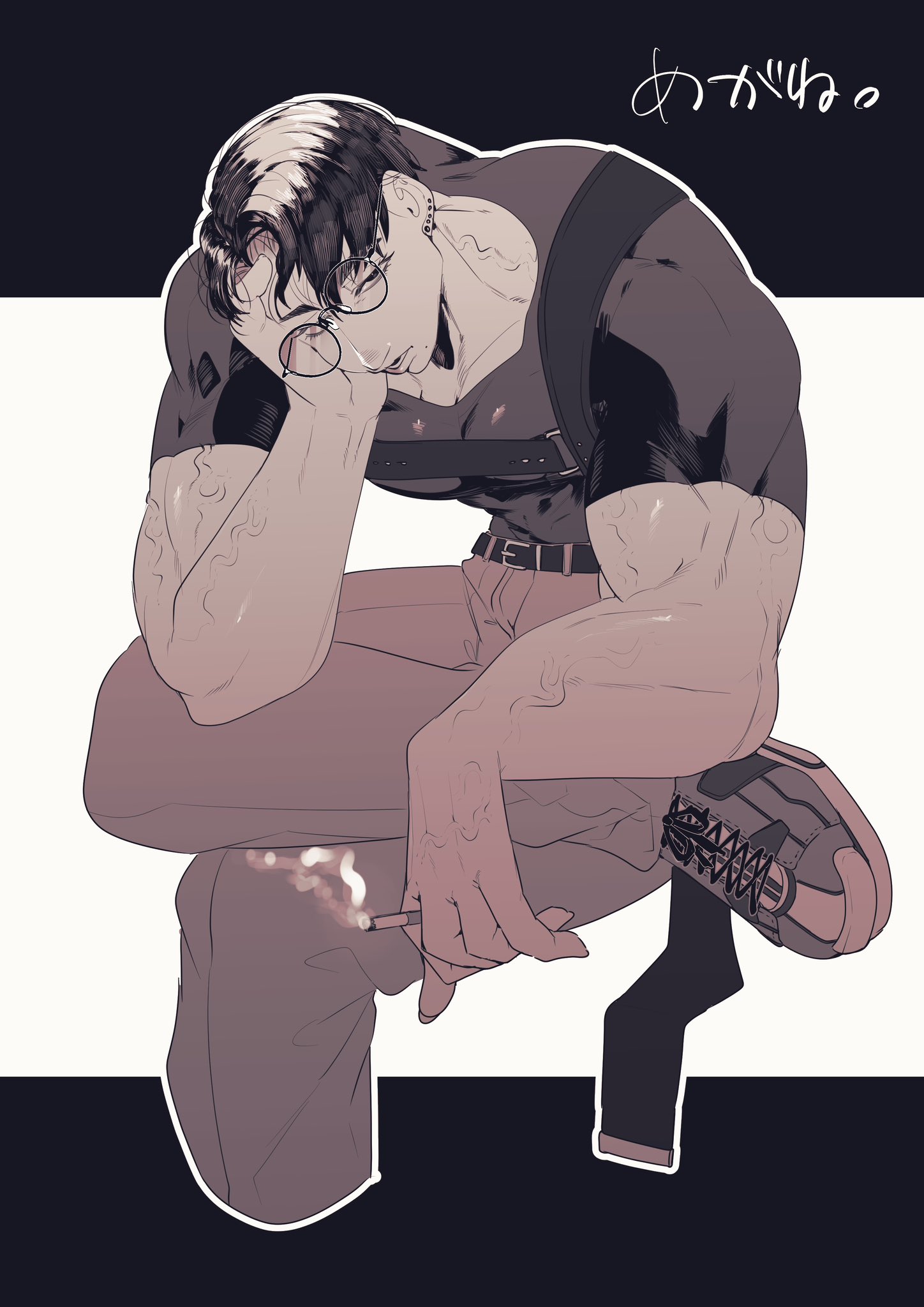 a digital illustration of a young man sitting and smoking a cigarette. he is wearing dark clothing, glasses and has a thoughtful expression.  the text in the background says "わかんね". this likely means “i don’t know” in japanese.