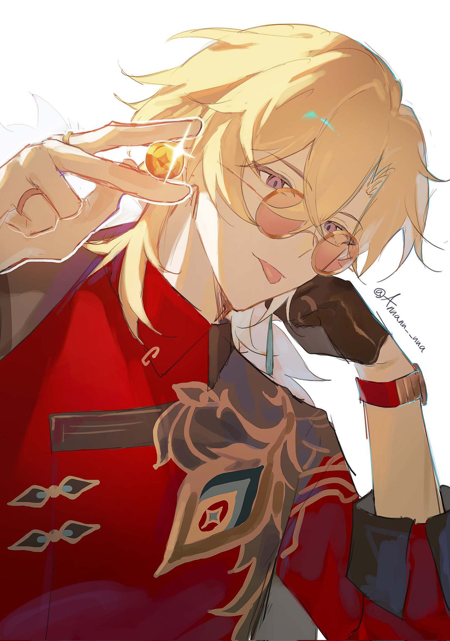 a closeup illustration of xiao from genshin impact. he is depicted with blonde hair and is wearing a red outfit, gold earrings, and glasses.  his hand is raised, seemingly holding or displaying a small golden object. the style is animeinspired and the artwork is highly detailed, with attention to lighting and shading. the background is mostly white, keeping the focus on the character.