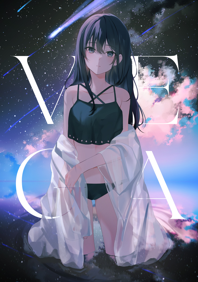 the image showcases a digital artwork depicting an anime girl with long dark hair. she is dressed in a darkcolored bikini top and matching bottoms, partially covered by a flowing white robe.  she stands in what appears to be shallow water or on a beach, gazing at the viewer with a serene expression. the background is a breathtaking cosmic scene filled with stars, shooting stars, nebulas and a galaxy, creating a magical and ethereal atmosphere. the letters "vega" are prominently displayed in the background, possibly referencing a title or theme. the overall style is very delicate and romantic, with a focus on soft colors and a dreamy atmosphere.
