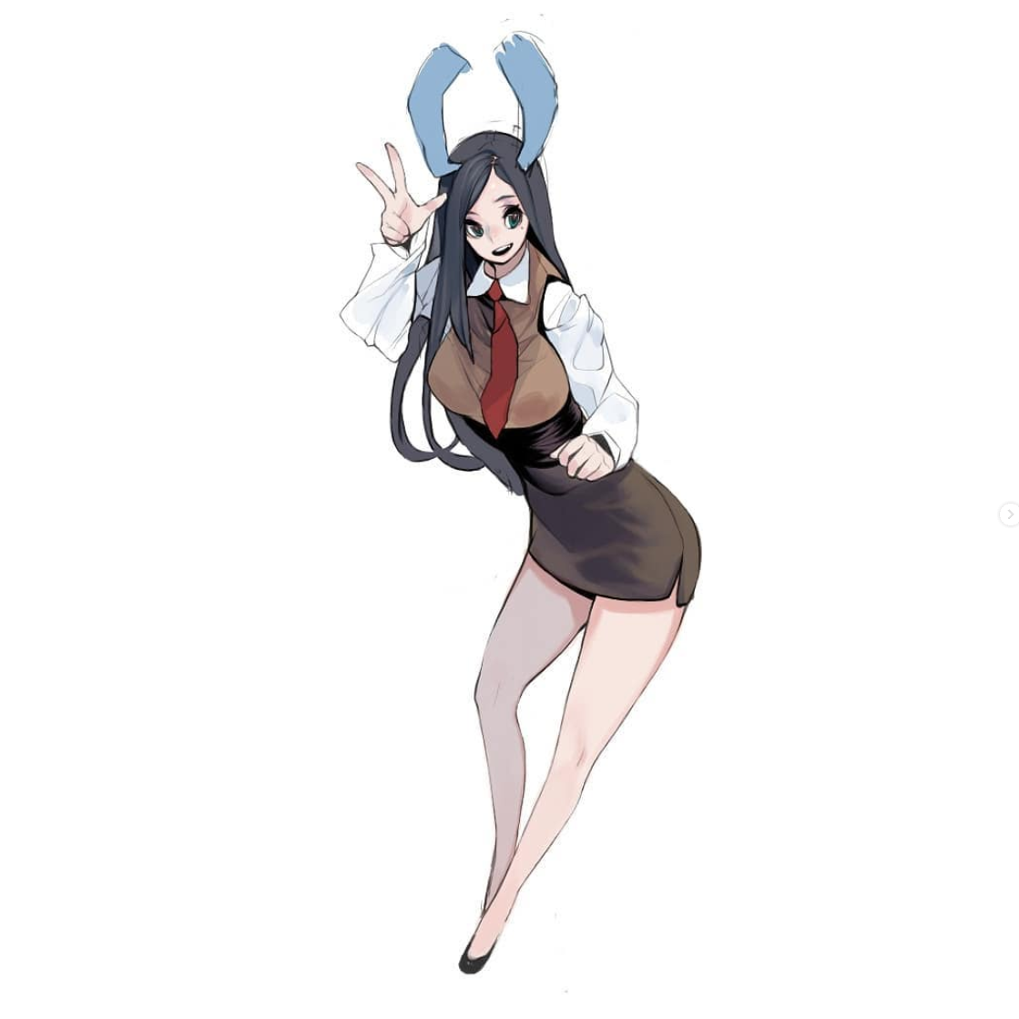 the illustration features a young woman, stylized in an anime aesthetic, donning a playful yet stylish ensemble. she sports rabbitlike ears and is positioned against a pristine white backdrop. her attire, a blend of business chic and whimsy, includes a white shirt, brown vest, and a matching brown skirt. her long, dark hair cascades down, further accentuating her playful yet elegant aura. her pose, with a peace sign gesture, exudes confidence and a touch of mischief. the overall visual narrative is one of youthful charm and stylish confidence.