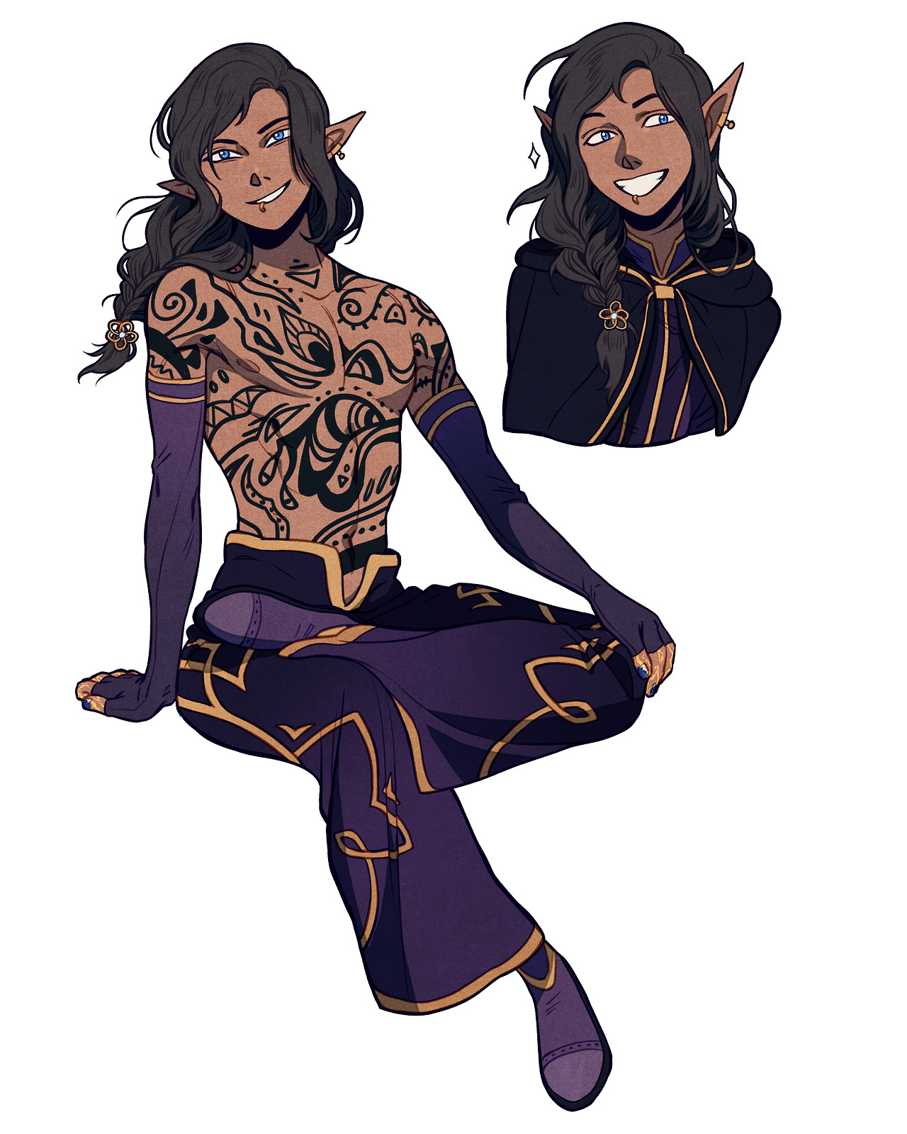 a digital illustration of a dark elf with black hair pulled back into a braid with three small braids framing his face. he has dark brown skin and golden eyes. he has tribal tattoos on his chest, shoulders, and right arm, and is wearing fingerless gloves. he is wearing  purple pants with a gold trim and a matching top that shows off his midriff. the background is white.  a bust sketch of the character is included in the top right corner, showing him with a mischievous grin and wearing a dark cloak with a high collar.