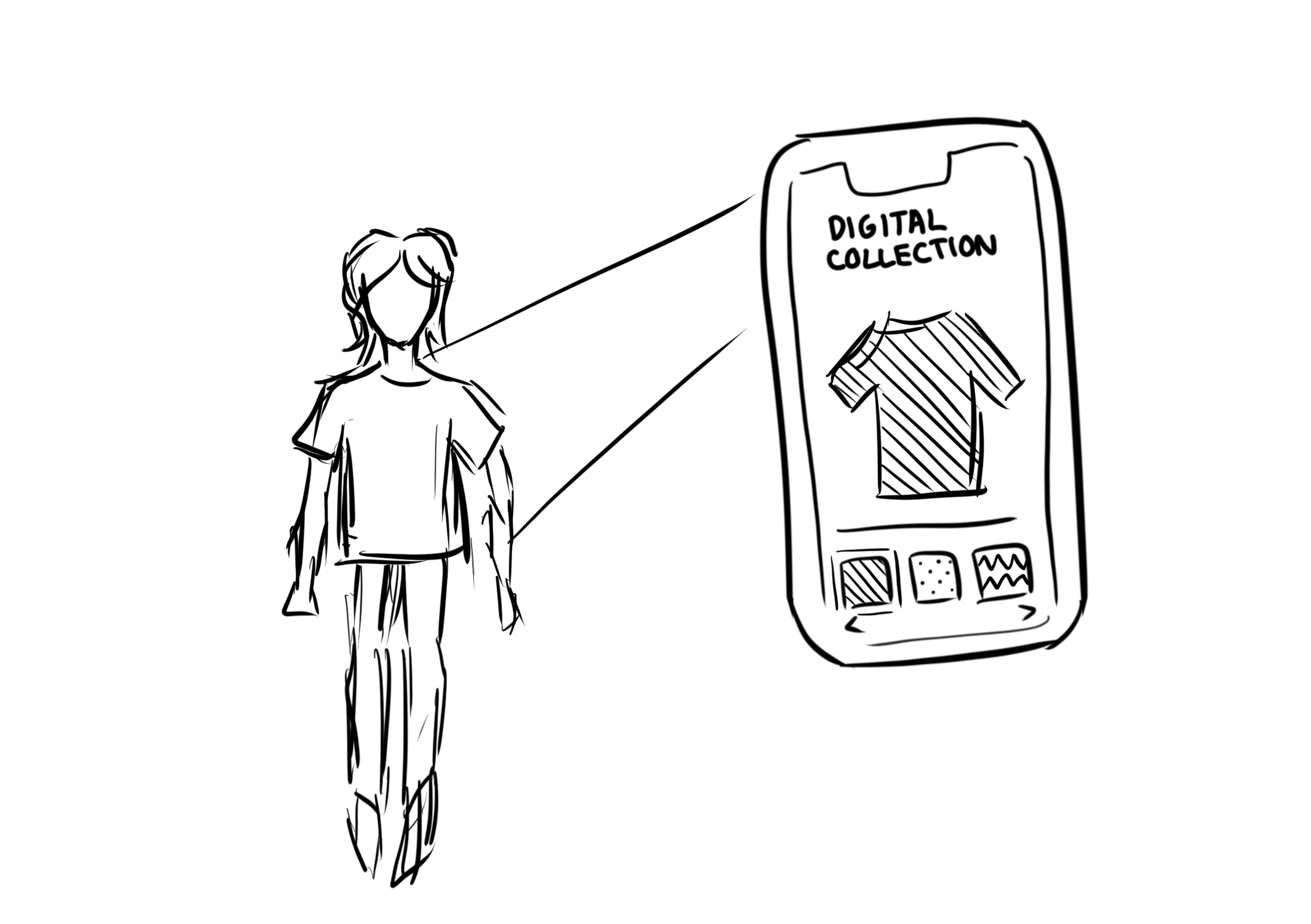 a handdrawn sketch illustrating the concept of digital fashion and virtual tryon.  a person is depicted standing, seemingly having their image scanned or projected onto a smartphone screen which displays a "digital collection" of clothing, including a striped tshirt with options to select different patterns or designs.  the lines are loose and suggestive rather than precisely rendered. the overall feel is casual and conceptual.