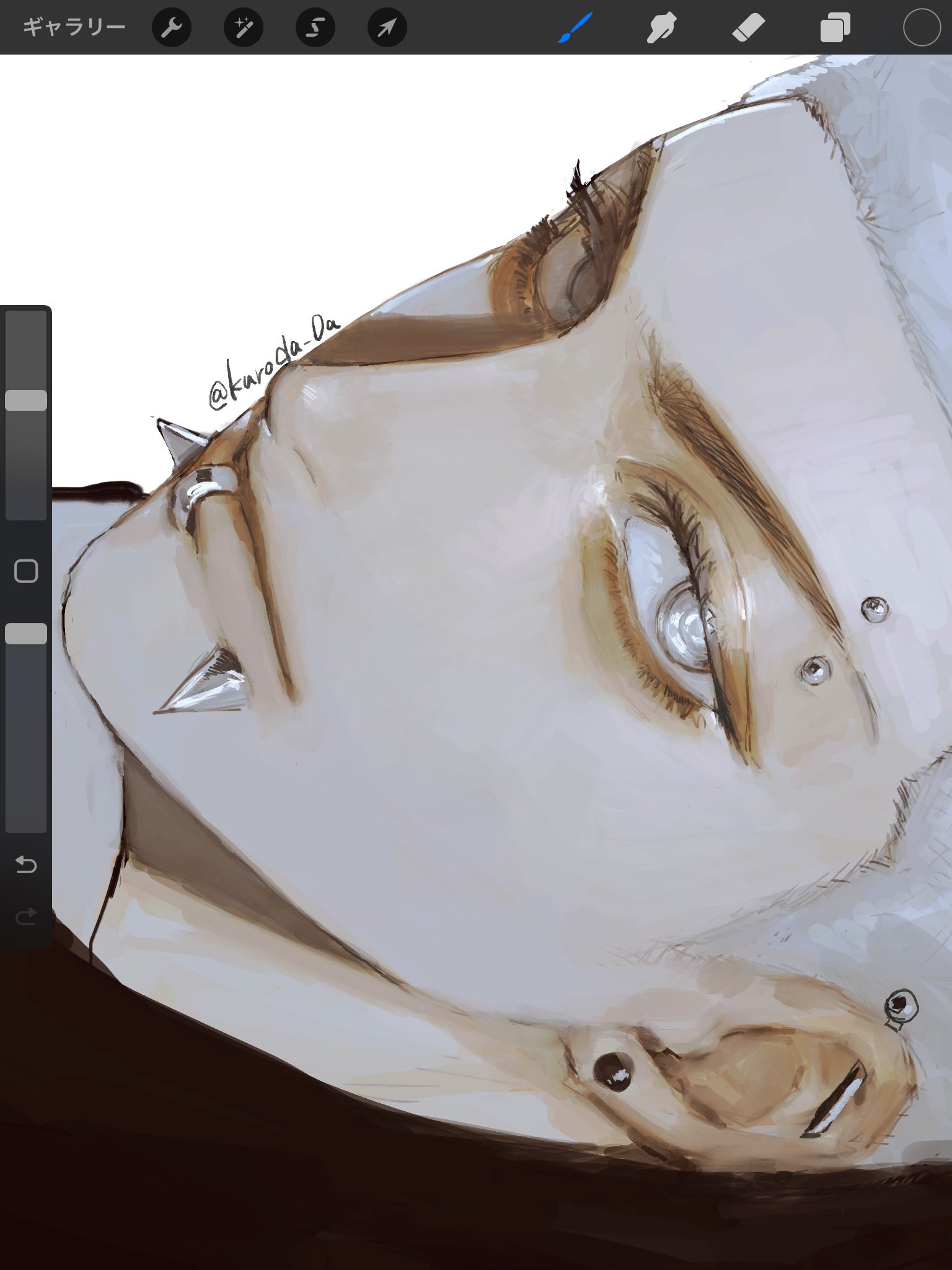 this is a closeup digital drawing of a young man with striking features. the perspective is from below, looking up at his face. he has short, choppy, silver hair and several piercings, including a row of spikes along his cheekbone and studs in his ear. he has one visible eye, a light color, which gazes directly at the viewer with an intense stare. the overall color palette is muted with cool grays and whites, creating a soft and ethereal atmosphere.