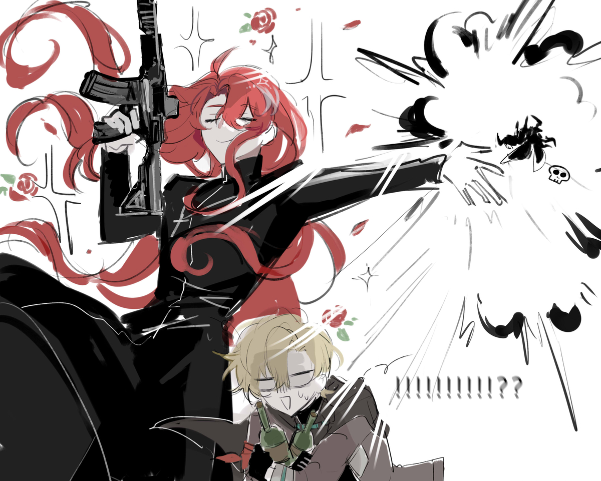 a drawing of two anime characters. the girl is holding a gun in one hand and her other hand is raised up towards the viewer as if she is about to punch. the girl is wearing a black jacket and black pants.  she has long red hair. the boy is  wearing a light brown jacket. he is blonde with blue eyes and is holding two bottles.  the girl is in the foreground and the boy is in the background. they are both drawn in an anime style and have a cartoonlike aesthetic. there is a white background with white, grey, and black lines and swirls that are in the background.