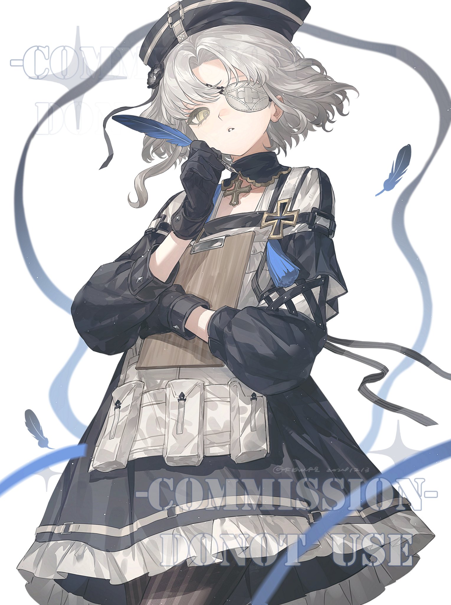 an anime girl is depicted wearing a militarystyle uniform, complete with a hat and an eyepatch. she holds a feather quill in her gloved hand, and a clipboard rests against her torso. the uniform is adorned with crosses, and the overall aesthetic has a unique blend of militaristic and fantasy elements. the background features soft colors and blurred effects.