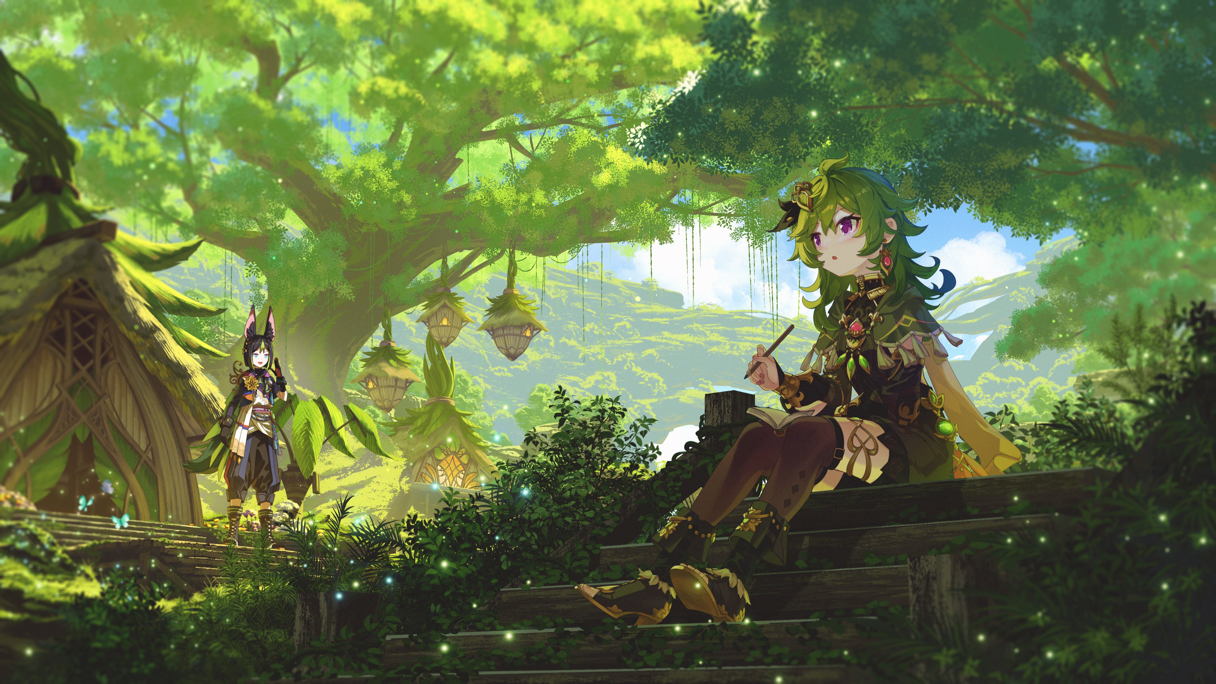 the image features collei and tighnari from the video game genshin impact in a forest setting. collei is sitting on steps, drawing in a book. tighnari is standing near a house with large trees surrounding them.
