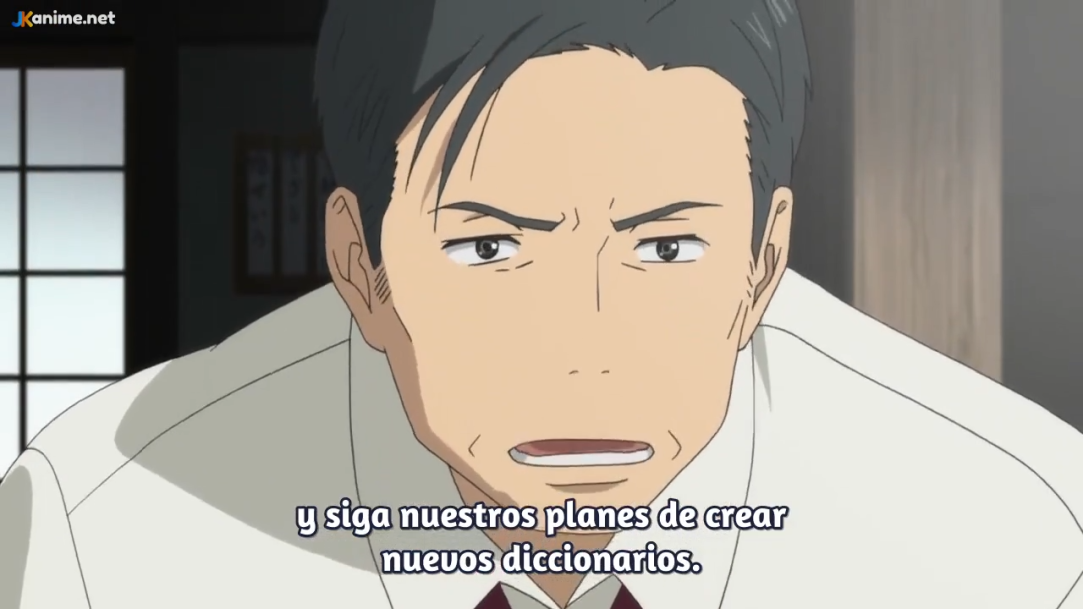 a closeup screenshot from an anime shows a man with short black hair and a concerned expression. he is wearing a white collared shirt. the scene is indoors, likely in a home or office setting, and the lighting is soft. subtitles in spanish are at the bottom of the image.  the overall color palette is warm and muted.