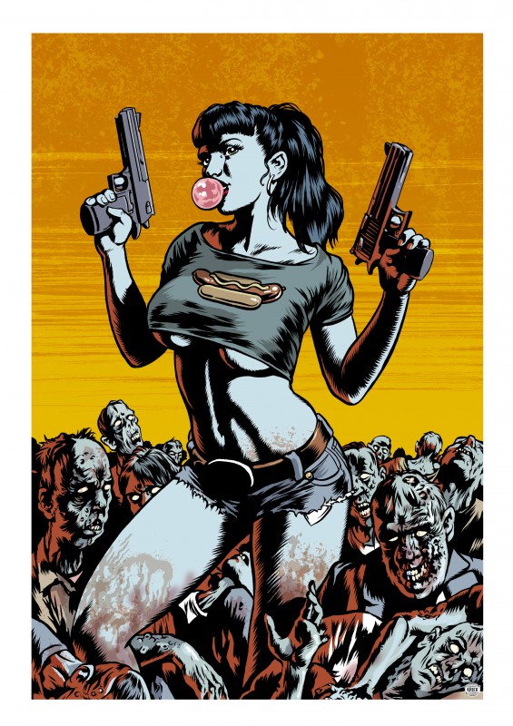 the illustration depicts a stylized pinup girl, seemingly a zombie survivor or killer, standing triumphantly amidst a horde of zombies.  she's clad in a cropped hot dogprinted tshirt and denim shorts, holds two pistols, and is blowing a bubble of gum. the color palette is bold and graphic, with a strong contrast between the girl's vibrant image and the decaying zombies surrounding her. the style is reminiscent of vintage comic books and pop art, conveying a blend of action and slightly provocative aesthetics. the overall mood is one of intense action and perhaps a darkly humorous take on the zombie genre.