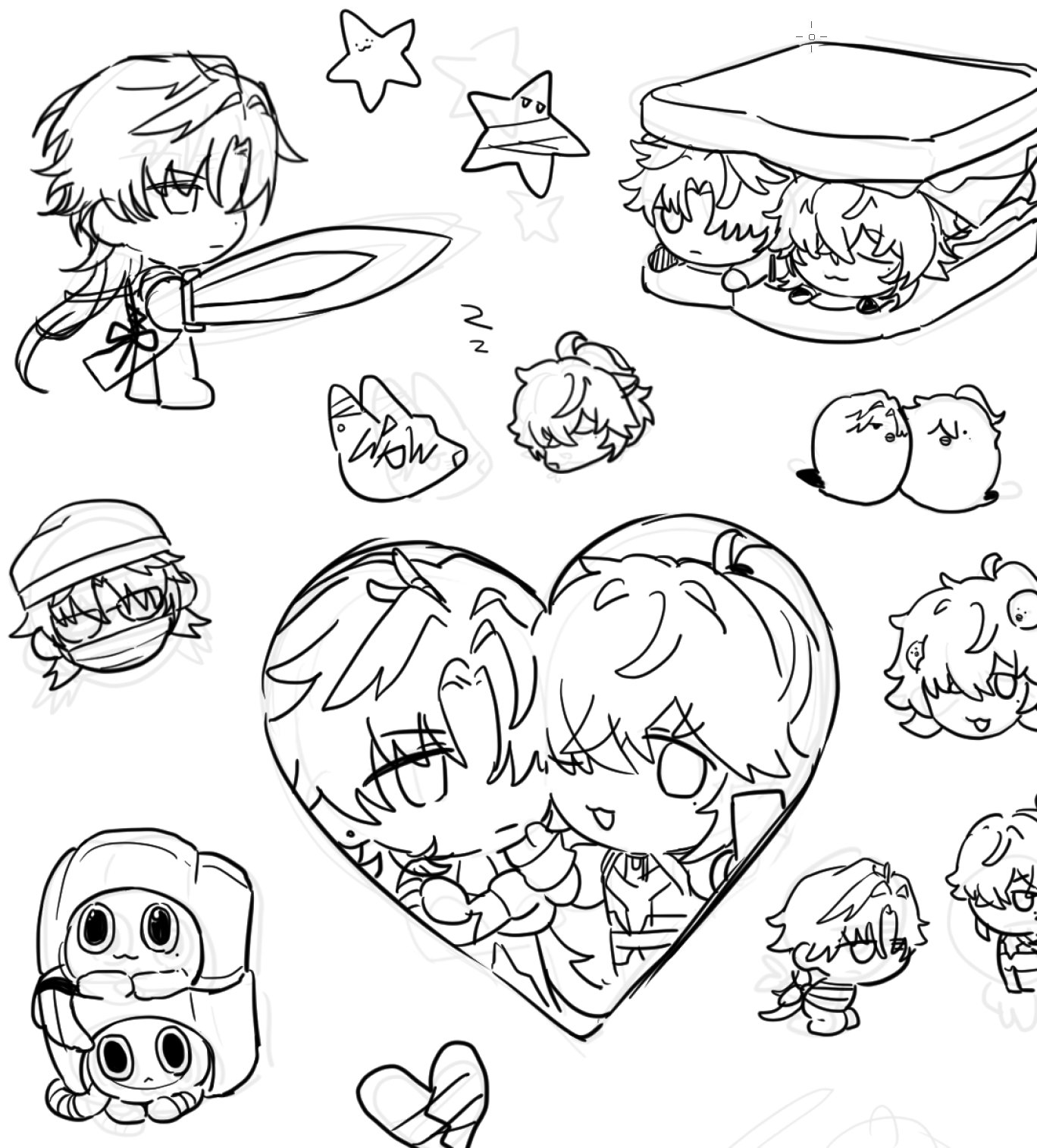 a cute anime drawing of a couple in a heart shape with various other drawings around them. the drawings include stars, a heart, and other cute characters.  the art is black and white and in a cartoon doodle style.