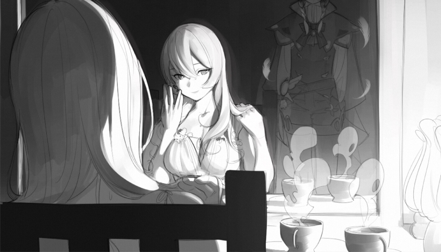 the image portrays a woman in a white nightgown, seated and gazing into a mirror within a dimly lit bedroom. her reflection is prominent, while a male figure stands behind her, seemingly a reflection as well but with a more spectral appearance. three teacups rest on a table before the mirror, suggesting a quiet moment of reflection or perhaps a shared ritual. the ambiance is serene and subtly melancholic, heightened by the interplay of light and shadow.