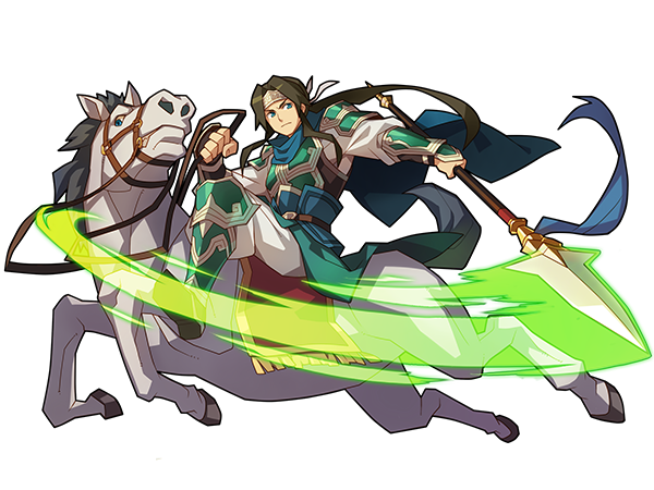 an anime character is riding a white horse and using a lance to attack. the character is male and has long dark hair with a blue headband and blue scarf. the character is wearing green armor with golden accents. the horse is white with blue eyes. the lance is glowing green. the character is facing to the right of the image. the background is black.