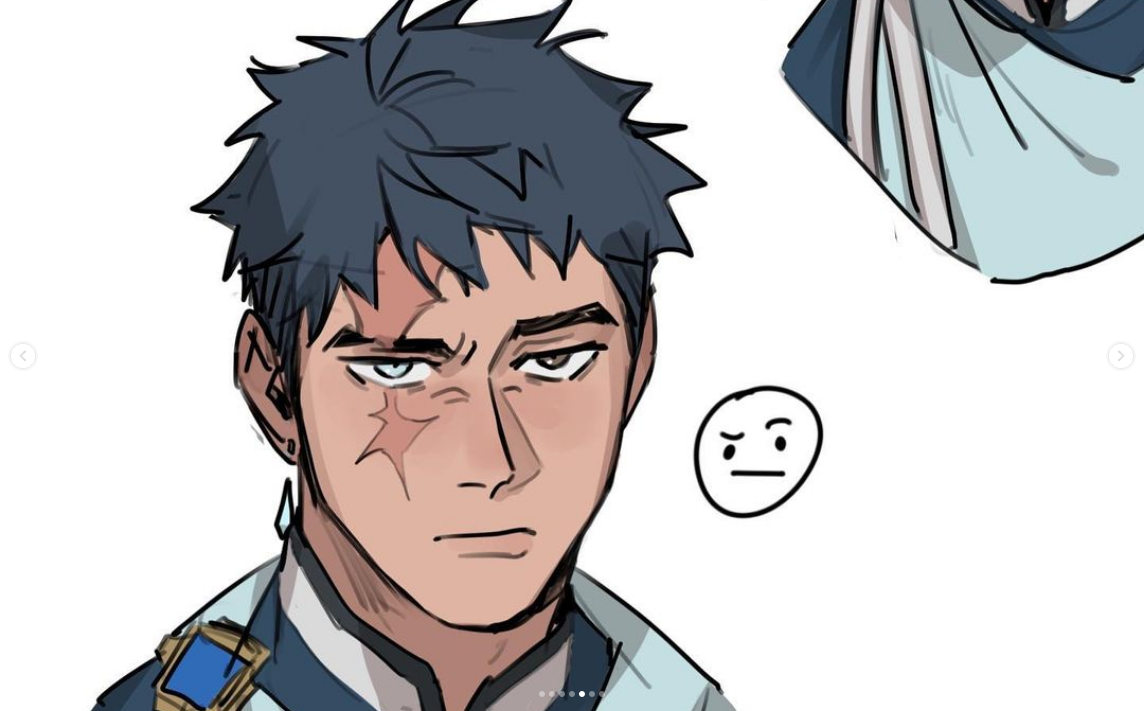 a head and shoulders illustration of a young man with short, spiky blue hair and blue eyes. he has a large scar over his left eye and cheek. he has a stoic expression on his face. he is wearing a white and blue outfit.