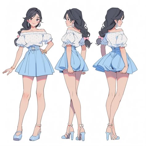 the image shows a cartoon style drawing of a girl wearing a white off the shoulder top with a blue and white polka dot pattern, a light blue short skirt, and light blue heels. the girl is shown in three different poses: from the front, back, and side, all with a similar smile on her face. the girl's hair is pulled back into a long, sleek ponytail. she is standing in front of a plain white background.