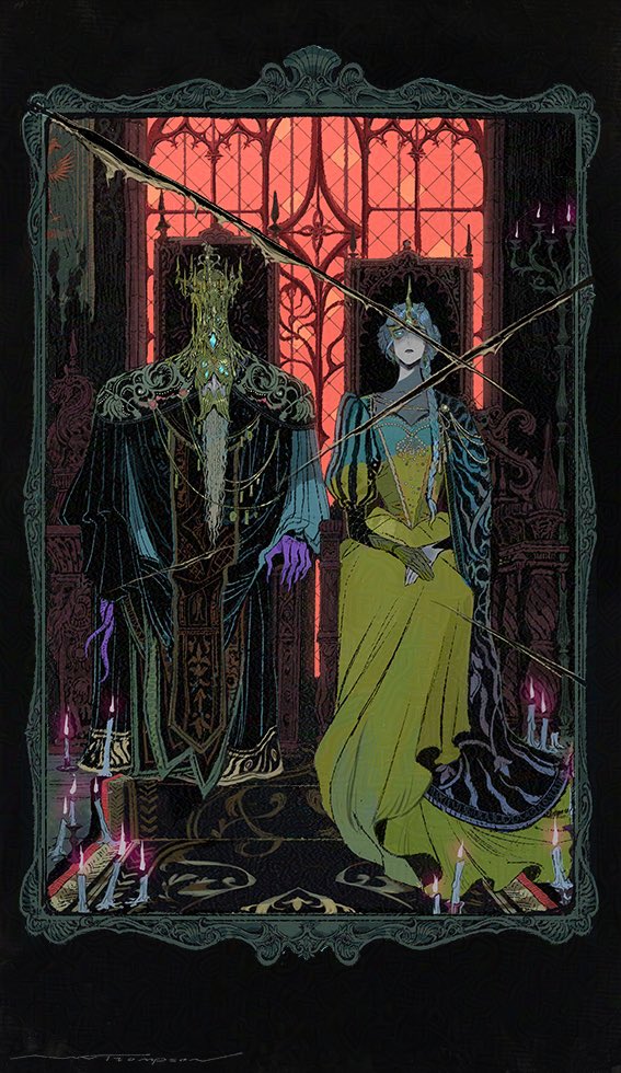 this is a dark and mysterious painting of a king and queen, possibly in a castle or a large gothic room. they are seated on or near elaborate thrones. the king, on the left, wears a crown and a long, dark robe with gold embellishments. his face is shadowed and he has a long white beard. he appears to be holding a long, curved object in his right hand. the queen, on the right, wears a crown and a long, flowing dress with yellow, gold and white fabric. she holds her hands in her lap.  the background is a darkened room with stained glass windows and candles on either side of the couple. the overall image is dark and dramatic, creating a sense of mystery and intrigue.