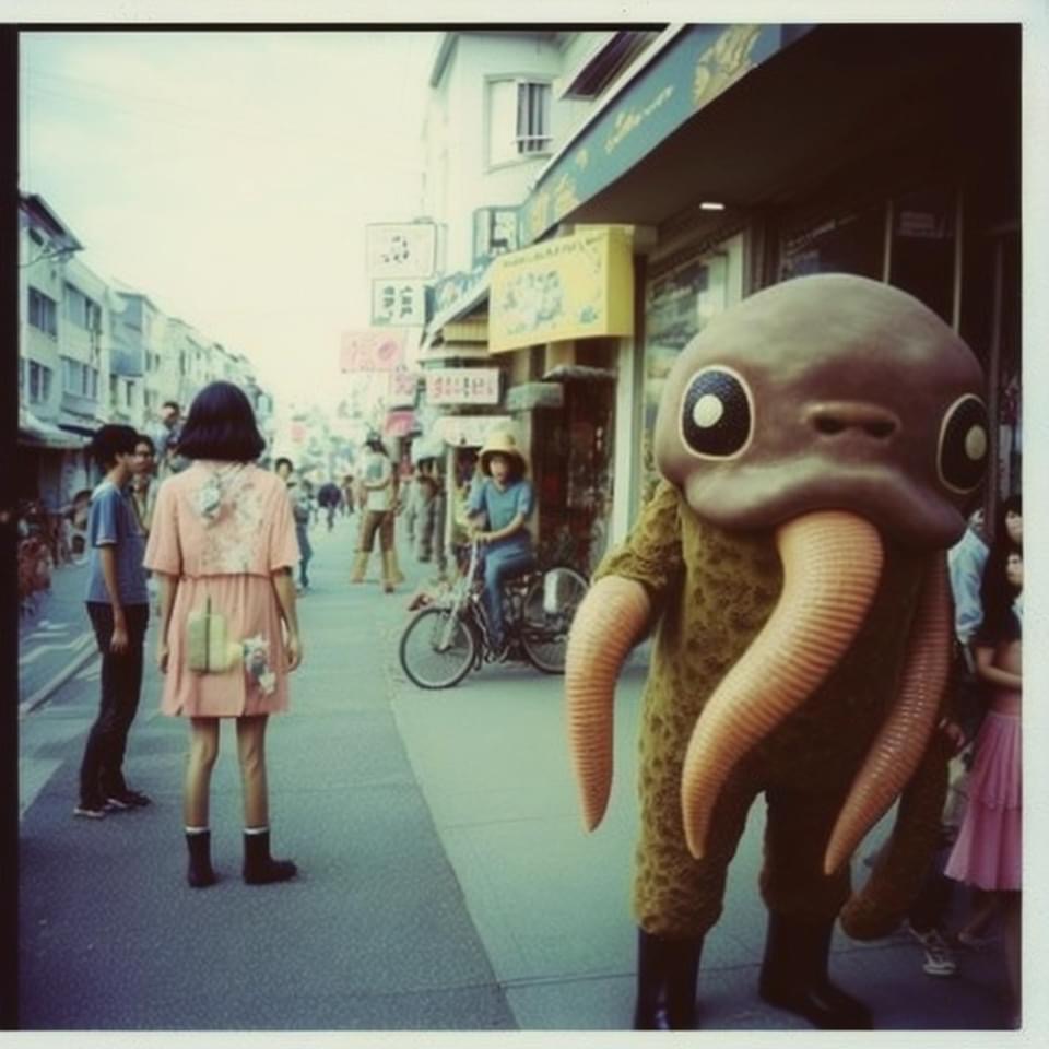 a vintage photograph captures a moment on a bustling japanese street. a person in a bizarre, brown, octopuslike costume with large eyes and orange tentacles stands out amidst pedestrians. a young woman in a pink dress walks past, seemingly unfazed by the unusual sight. the photo has a warm, nostalgic feel, capturing the everyday strangeness and vibrancy of city life.