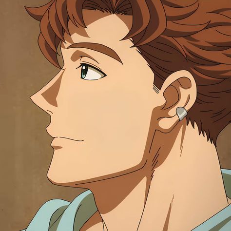 a head and shoulder portrait of an anime man with brown hair and green eyes. he's wearing a silver earring and a light blue shirt. the lighting is soft and the background is a warm beige color.