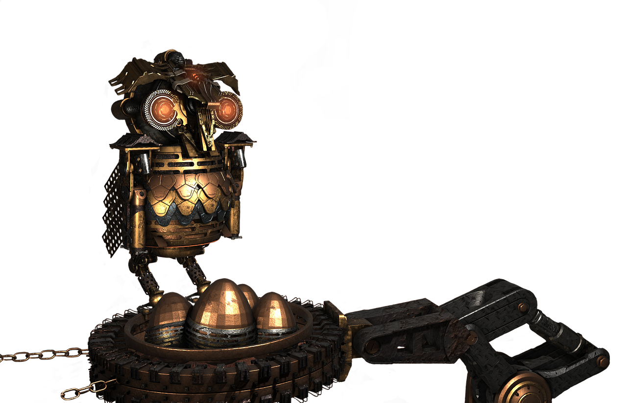 a steampunkstyle robotic owl is perched above a nest containing three metallic eggs. the nest is connected to a mechanical arm and tracklike base, all rendered in a mix of gold, bronze, and dark metallic tones. the owl's design is intricate with visible gears and a mechanical eye, set against a black background.