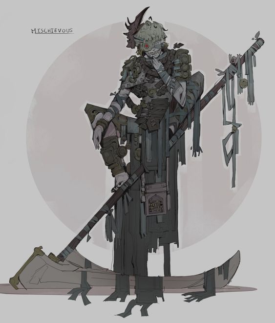 the image showcases a digital painting of a mischievouslooking character, likely a warrior or rogue from a fantasy setting. they are posed leaning casually on a large scythe, the blade of which extends beyond the frame. the character sports bone armor, tattered fabrics, and a skulllike adornment on their head. the color scheme is muted, utilizing grays, browns, and offwhites. the background is a simple offwhite circle, drawing focus to the character.