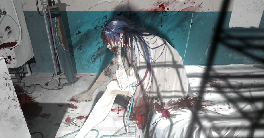the image depicts a young anime girl lying on a hospital bed, covered in blood and looking distraught. she appears to be crying and clutching her face with a bandaged hand. the room is messy and there is blood splattered on the walls and floor, suggesting a violent event took place. the image conveys a sense of hopelessness and despair. the girl's sorrowful expression and the overall bleak atmosphere suggest that she is facing a difficult situation, possibly death or severe injury. the image evokes a sense of tragedy and loss.