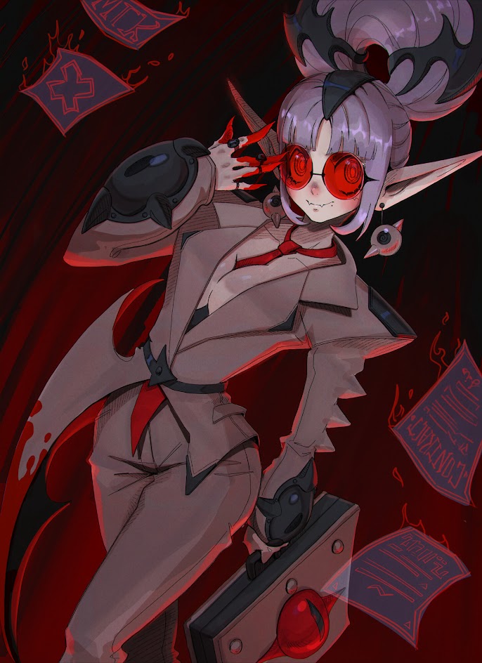 this anime drawing is of a female demon with red eyes and red glasses wearing a white suit with a red tie and black accents. she has a black and white briefcase with papers and red eyes on it. her left hand is holding it, while her right hand is reaching for her eyes. she has sharp black wings and claws. the background is red with blurry black and white papers in it.