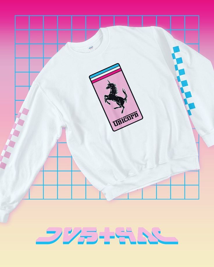 a white sweatshirt with a graphic resembling the ferrari logo, but featuring a unicorn instead of a horse and the word "unicorn" instead of "ferrari", is displayed on a retrothemed background with a pink and blue grid pattern. the sleeves of the sweater have a checkerboard design in pink and blue. a faded gradient with text is in the foreground.