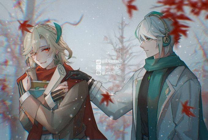 the image is a digital fanart depicting two animestyle male characters, strongly resembling albedo and xiao from genshin impact. they are standing close together in a snowy winter scene amidst falling red maple leaves. one character, presumably albedo, wears a lab coat and teal scarf,  headphones perched on his head. the other, possibly xiao, is wrapped in a red scarf, holding several scrolls.  albedo's arm is gently around xiao's shoulder, conveying a sense of affection or companionship. the overall style is soft and romantic, with a focus on gentle interactions and a calm atmosphere. the artwork is detailed and evocative, using soft lighting and color palettes to emphasize the intimacy of the moment and the beauty of the winter setting. the image carries a subtle boys' love (bl) undertone.