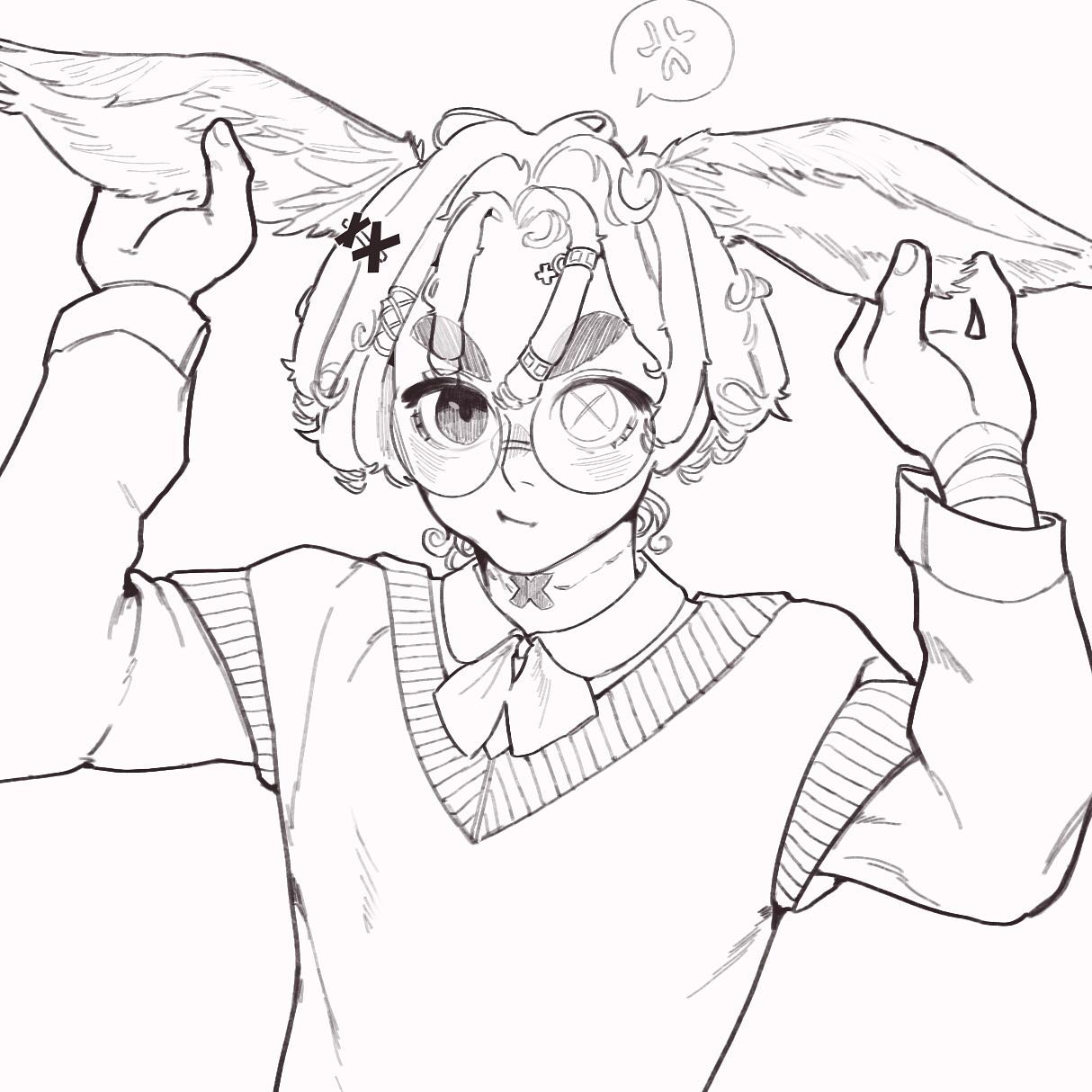 the image is a line art drawing of an animestyle character.  the character has stylized curly hair, large round glasses (one lens is covered with a bandage), bunny ears, and is wearing a vneck sweater.  they have a choker and bandages on their wrist.  their expression is a mix of annoyance or frustration, indicated by a small speech bubble with an angry face. the style is reminiscent of manga or anime character design, with clean lines and expressive features. the overall aesthetic is cute and slightly edgy.