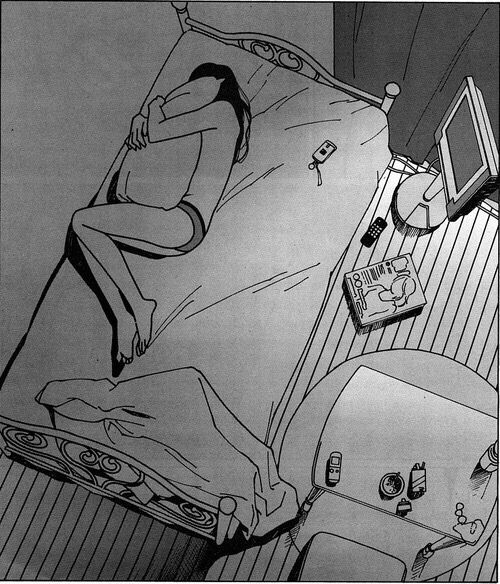 a young woman is lying in bed, wrapped in a blanket, seemingly sad and alone. her expression is obscured, suggesting a state of deep sadness or depression. the room is dimly lit, casting shadows and creating a somber atmosphere. the presence of a television and a magazine suggests that she is surrounded by the trappings of everyday life, yet she remains isolated and detached. the overall impression is one of loneliness and despair.