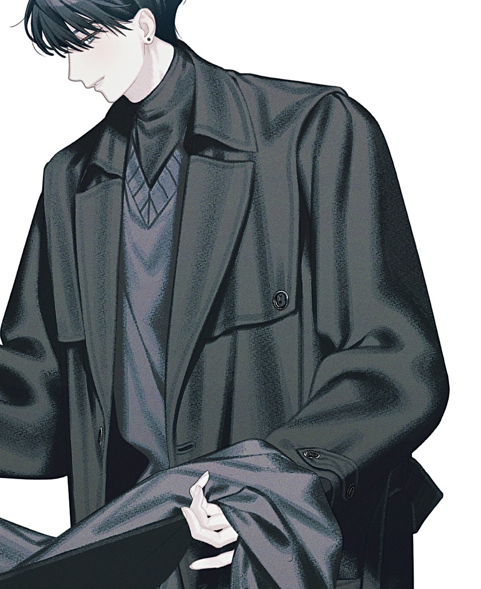 he image is a detailed illustration of an animestyle male character. he has dark hair and is wearing a dark grey, almost black, long coat over a dark grey turtleneck sweater and possibly a vneck undershirt. the coat is oversized and has large sleeves and noticeable buttons. the character is sitting, with his hands partially visible, and his head is slightly tilted downward. the style is realistic, with careful attention to shading and texture of the clothing and hair. the overall tone is dark and moody, with a focus on the character's clothing and pose.  the background is plain white, drawing full attention to the character.