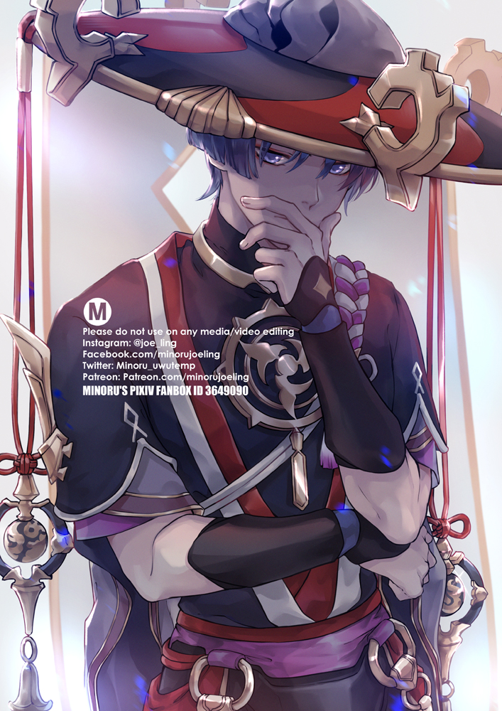 a digital illustration of an anime character wearing a red and gold hat, black and blue clothing. the character is holding a sword and has a serious expression. the background is blurred and has a lot of blue, red, and white colors. the style of the art is very detailed and realistic. the image is very beautiful and welldone.