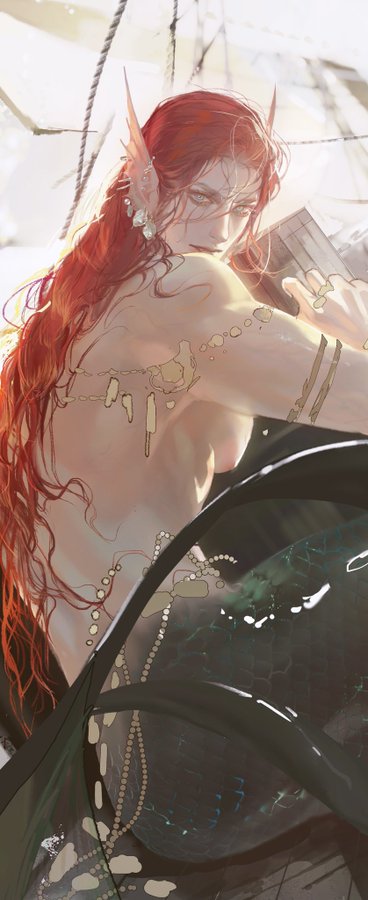 a closeup depiction of a male merman with long, flowing red hair sitting on what appears to be a ship deck. he has fair skin and striking features. he is adorned with gold and pearl jewelry, clutching a treasure chest. the scene is bathed in bright, natural light, suggesting a sunny day. the art style leans towards fantasy and realism.