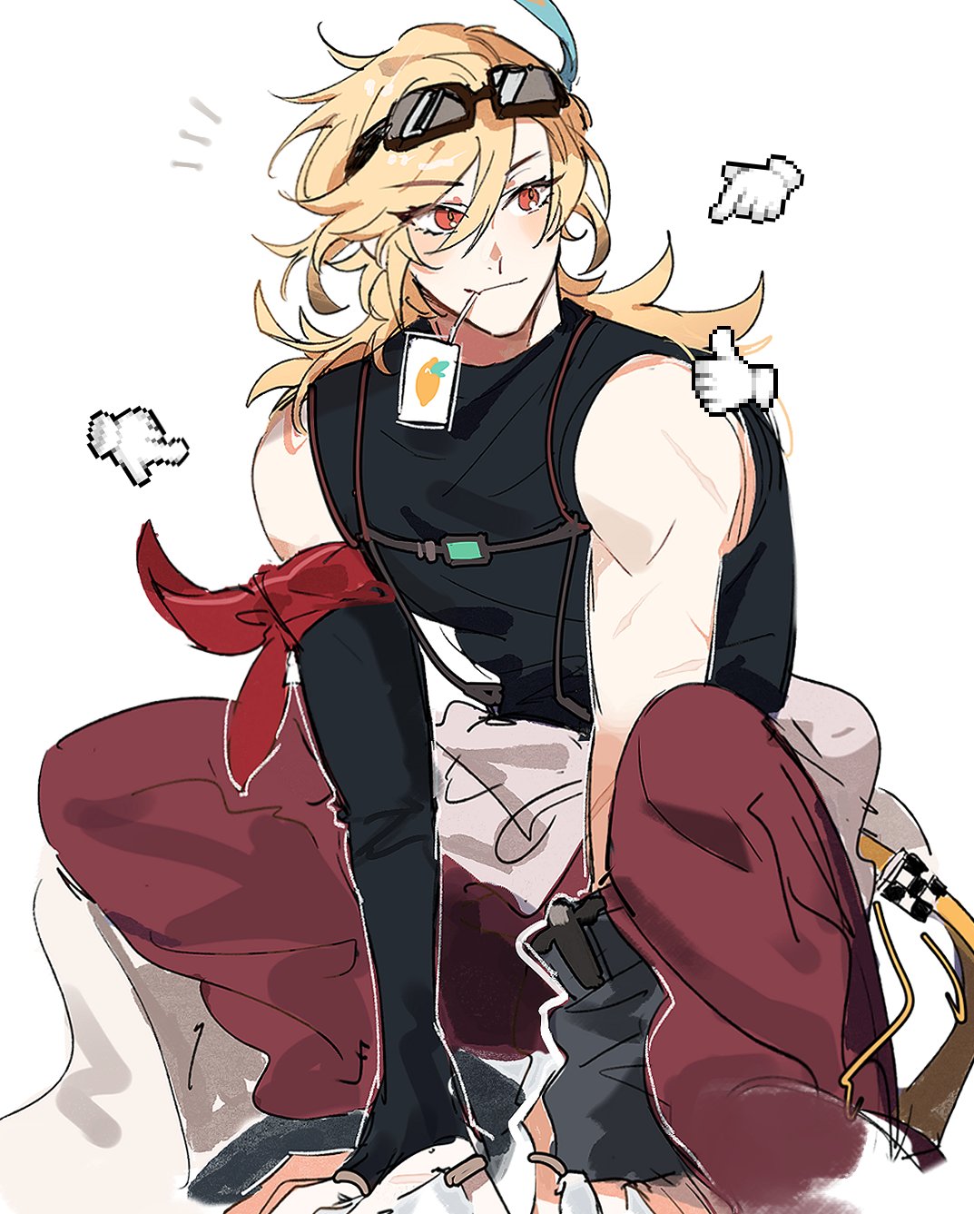 an anime character with blond hair, wearing red scarf and black sleeveless shirt, is sitting and drinking juice. he is wearing sunglasses, and holding his thumbs up with multiple thumbs up emojis around him. he is on white background.