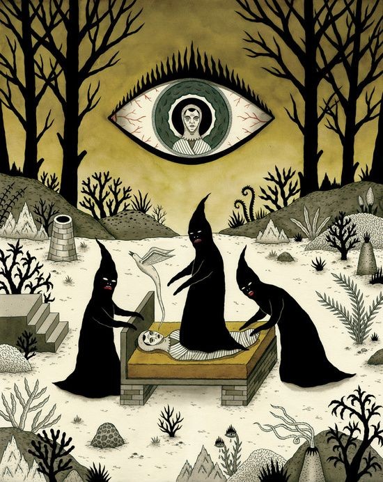 the image depicts a surreal scene in a barren landscape. in the foreground, three hooded figures are gathered around a bed on which a person lies. above the bed, a white bird hovers. in the background, a large eye with a person visible within the iris watches over the scene. the landscape includes trees, graves, and other strange formations, adding to the eerie and mysterious atmosphere. the artwork suggests a ritual or spiritual event taking place in a dark, surreal environment.