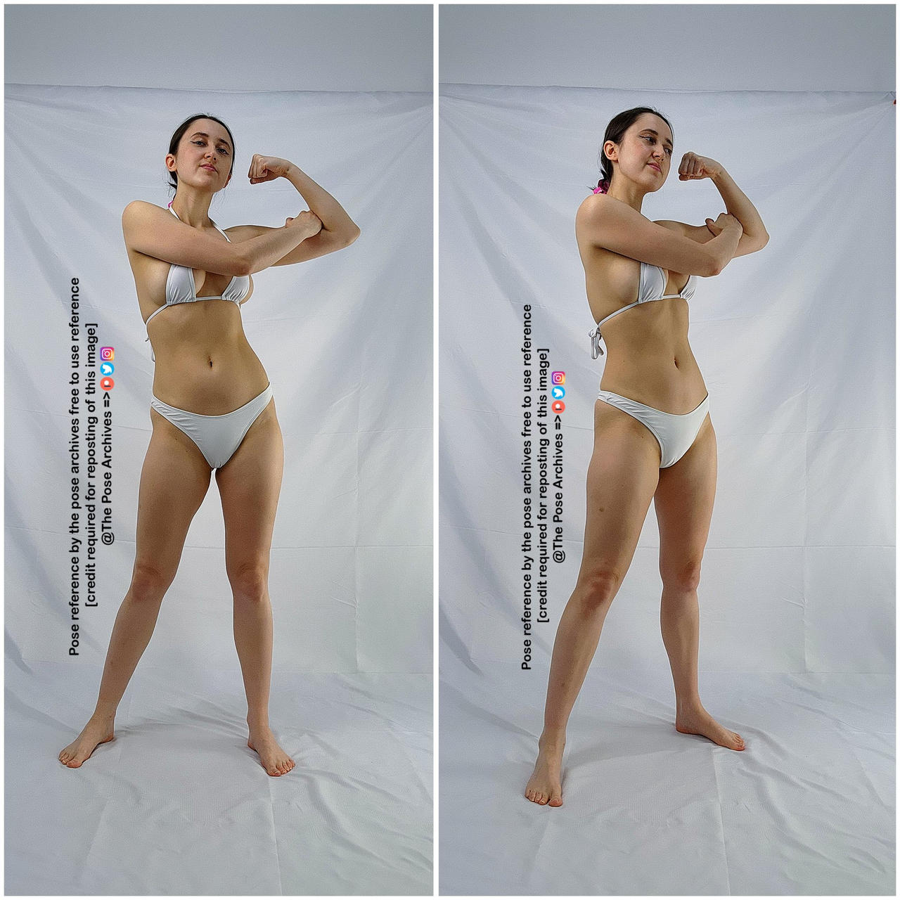 a young woman in a white bikini stands against a white background, flexing her bicep and striking a confident pose. this is a reference photo for artists, with credit to "the pose archives" requested for reposting. the image is a diptych, featuring the same pose from slightly different angles. the lighting is bright and even, highlighting the woman's physique.