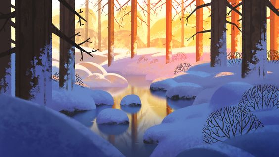 the image showcases a serene winter landscape during sunset.  the setting sun bathes the snowcovered forest in a warm, golden light, casting long shadows from the towering trees. a gentle stream flows through the center, reflecting the sky and the surrounding trees. the foreground is dominated by snowdrifts, while the background fades into a soft haze of orange and blue hues.