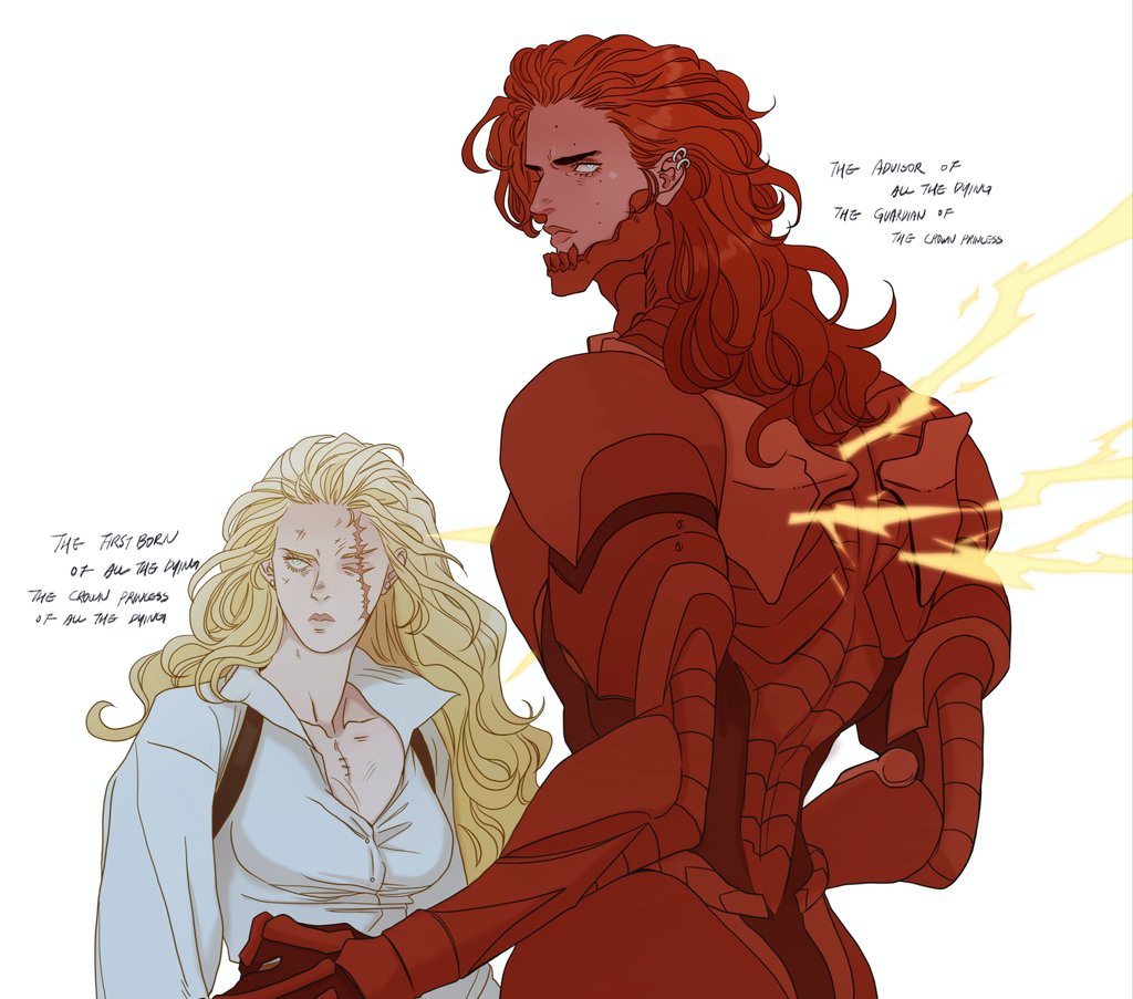 the image shows two fantasy characters in an anime style. on the left is a blonde woman with scars on her face and chest, labeled as "the first born of all the dying" and "the crown princess of all the dying." on the right is a taller figure with red hair and beard, wearing armor, and labeled as "the advisor of all the dying" and "the guardian of the crown princess." there are faint lightninglike streaks behind the redhaired figure.