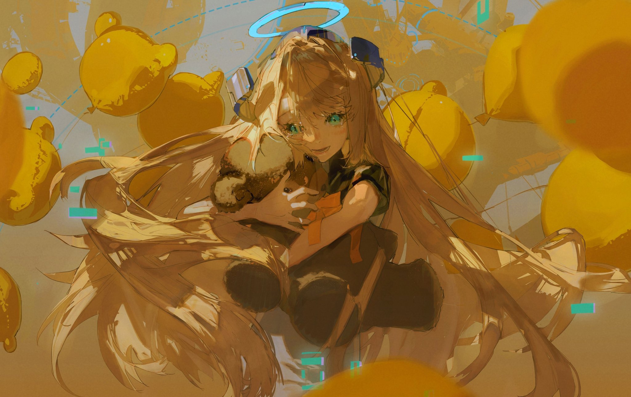 a blonde anime girl with blue eyes is smiling happily while holding a brown teddy bear in her arms. she is wearing a black and white outfit and has a halo over her head. she is surrounded by yellow abstract shapes. the artwork is digital and appears to be a cartoon style.