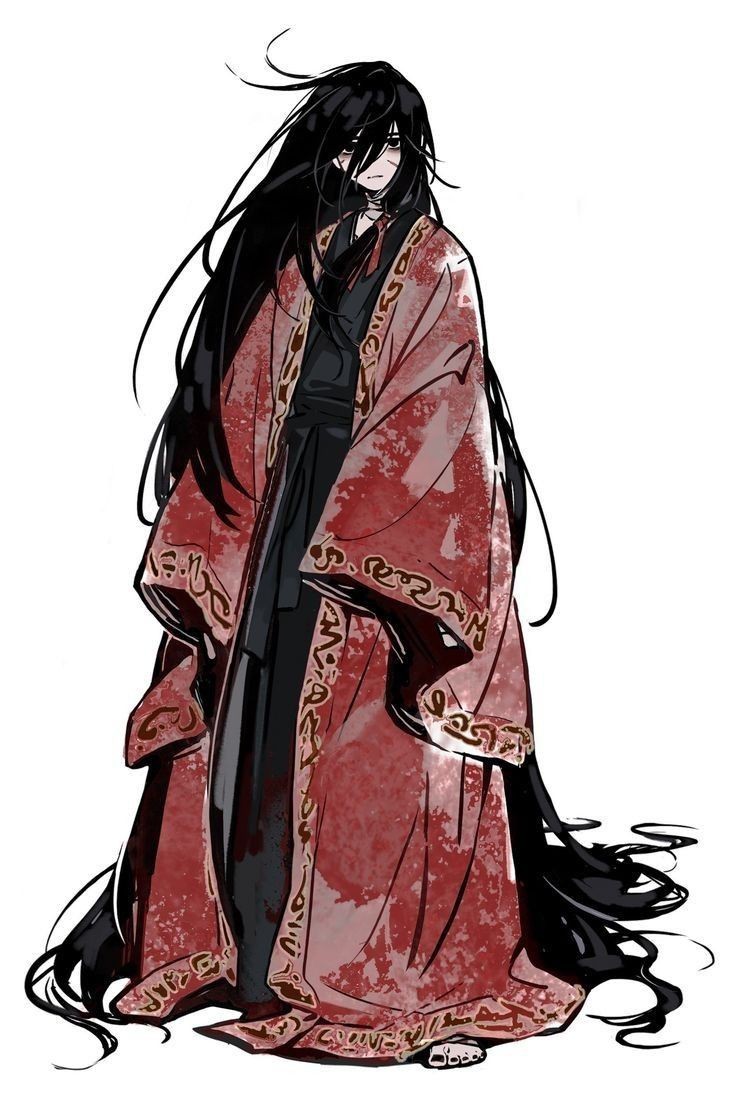 an animestyle illustration depicts a male figure with long, flowing black hair. he wears a red robe with ornate gold trim, and a bandage is visible on his face. he stands facing slightly to the left.