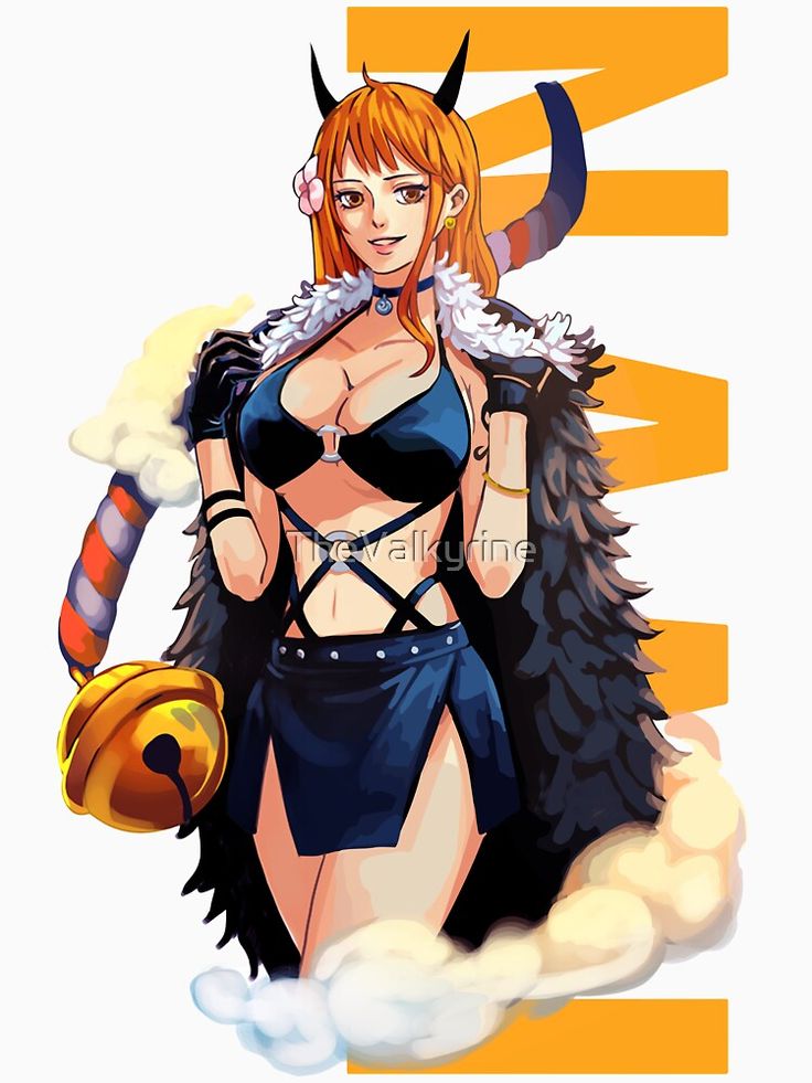 the image shows a fanart of nami from one piece, dressed in a revealing outfit with a bikini top, short skirt, and fur shawl. she has orange hair, horns, and a flower in her hair. she is also wearing a choker and carrying a bell. the background is white with yellow accents.